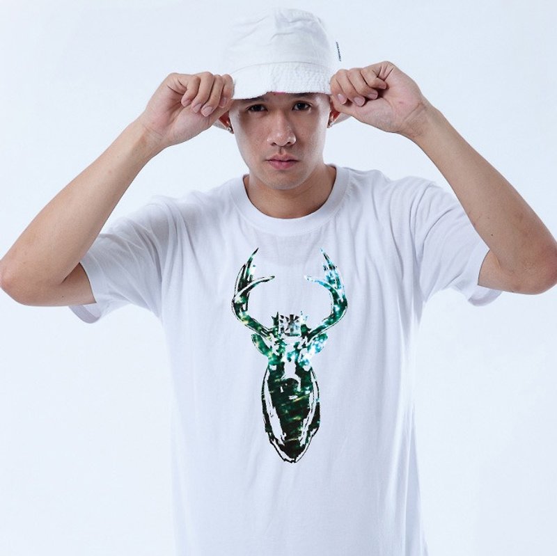 ICARUS 伊卡魯斯 原創設計短TEE ANIMAL  動物系列-"ELK 迷鹿" - 男 T 恤 - 棉．麻 白色