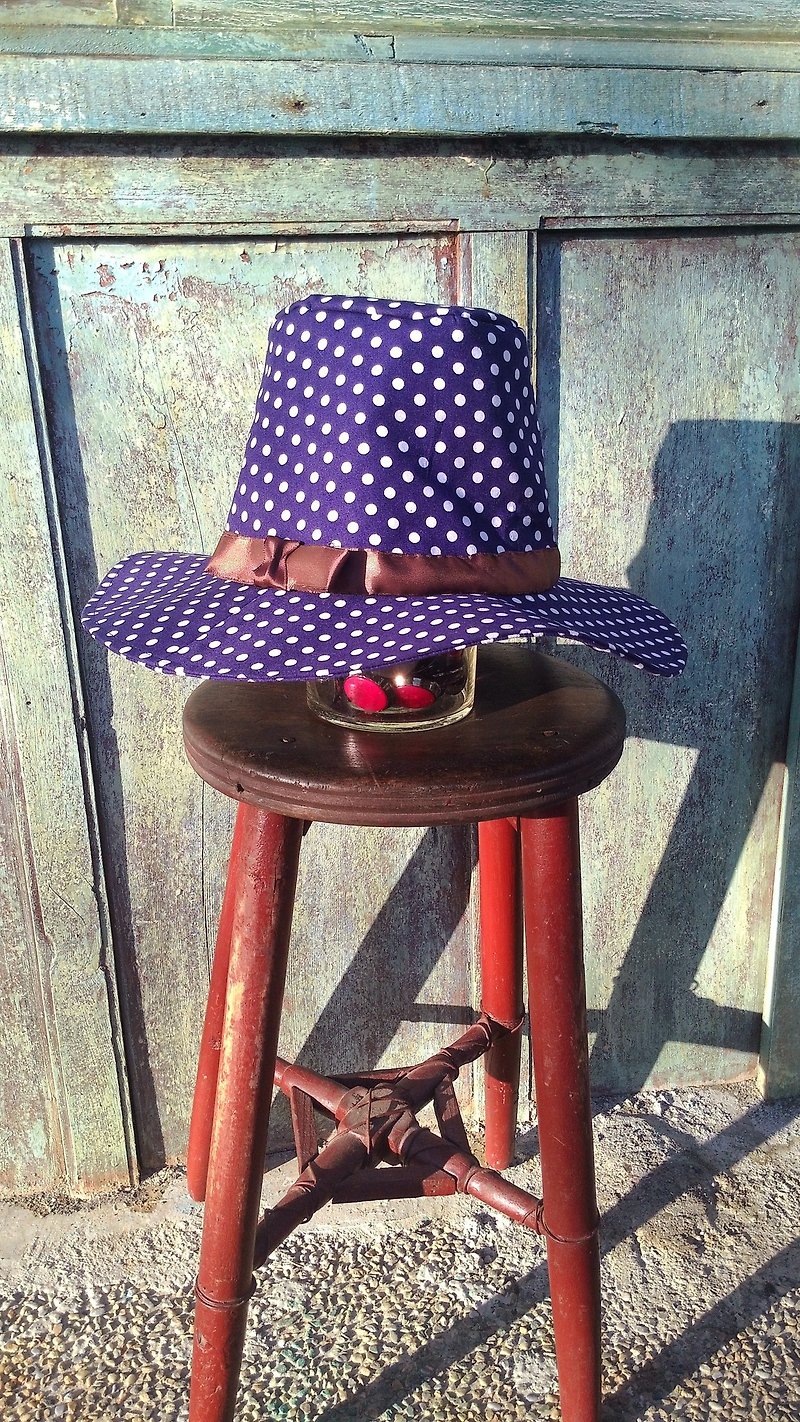 Little blue ribbon long top hat gentleman hat handmade cap - หมวก - ผ้าฝ้าย/ผ้าลินิน สีน้ำเงิน