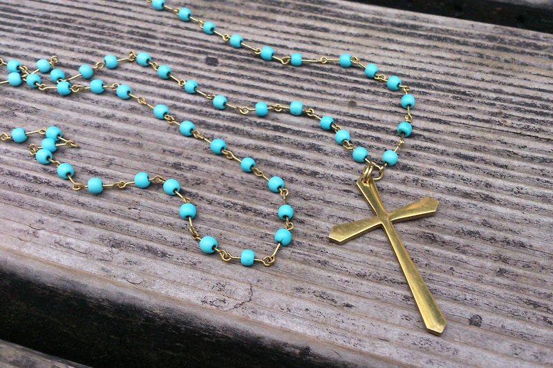 Vintage Small Cherry Series Bronze Natural Stone Cross Long Chain - Necklaces - Stone Multicolor