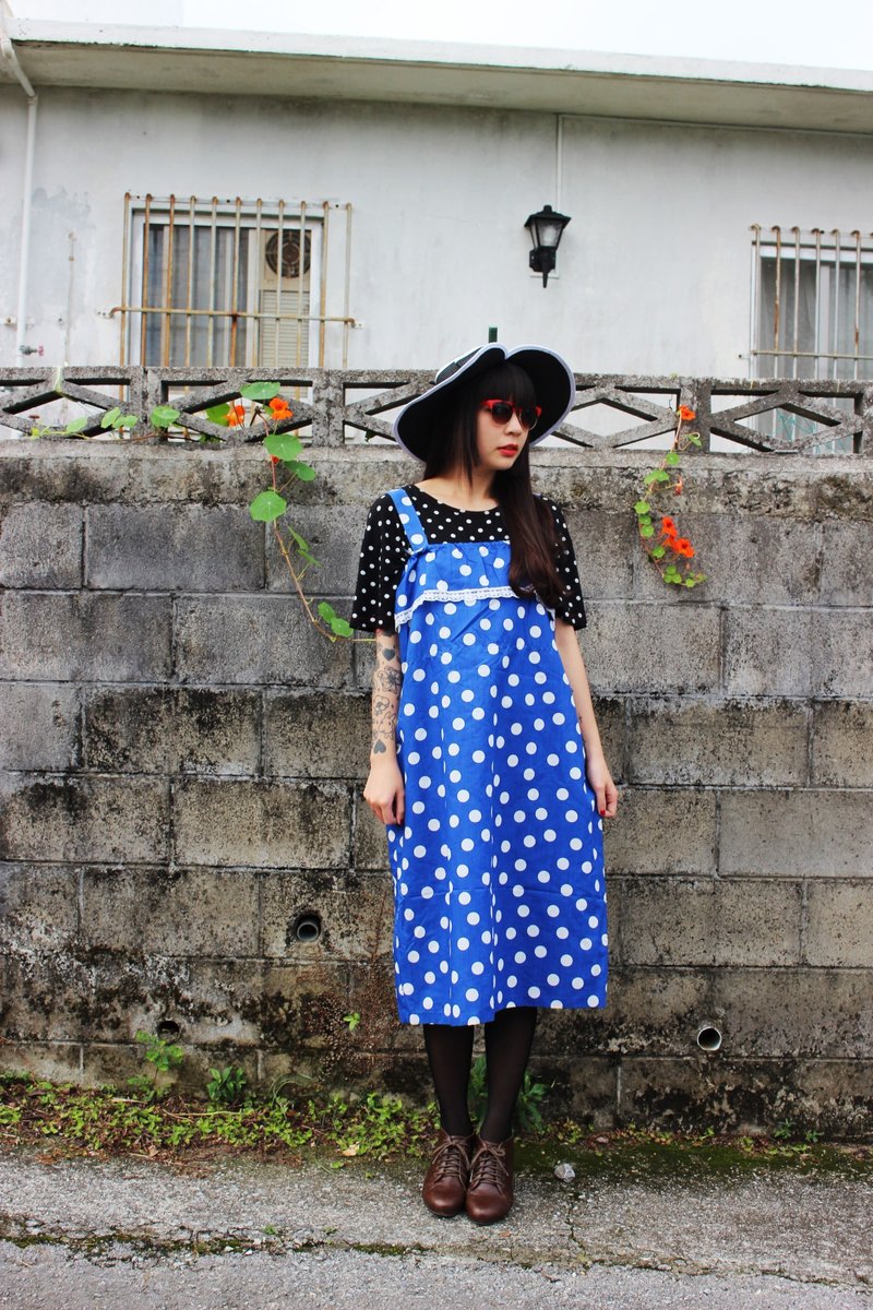 F705 (Vintage) little white cotton sleeveless navy blue vintage dress - One Piece Dresses - Other Materials Blue