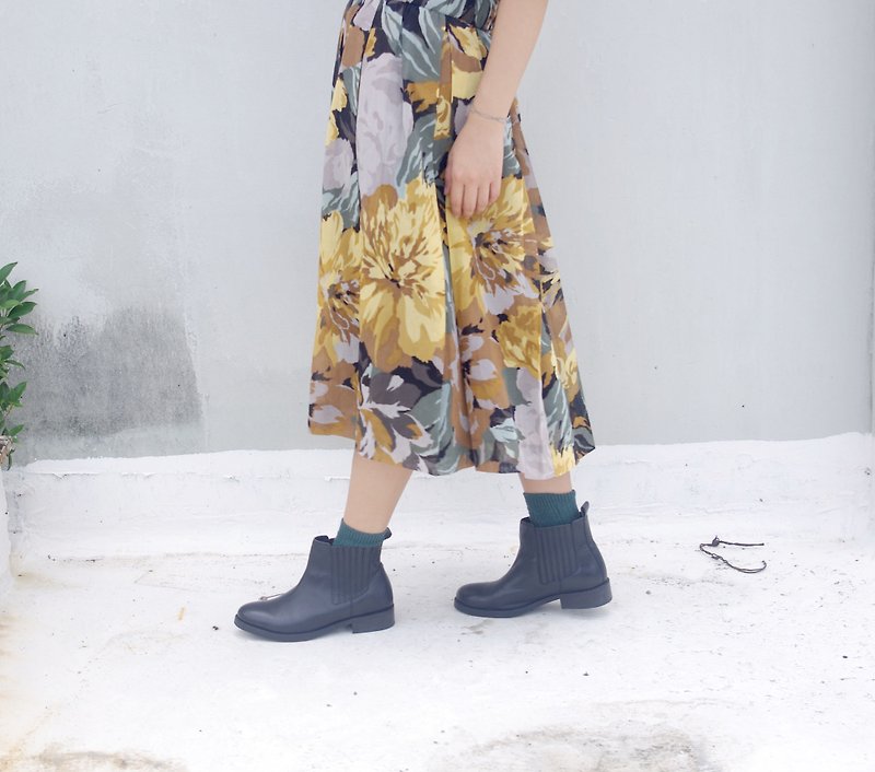 其他材質 裙子/長裙 黃色 - 4.5studio-日本扛回下北澤古著-太陽花卉印花寬百摺八分裙