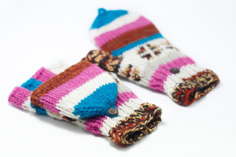 Limited a knitted pure wool warm gloves / 2ways Gloves / Toe gloves / bristles gloves / knitted gloves - Play color Eastern European ethnic pattern - Gloves & Mittens - Other Materials Multicolor