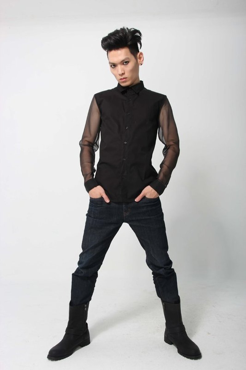 Sevenfold 雪紡拼接襯衫 Chiffon Stitching Shirt - 男襯衫/休閒襯衫 - 其他材質 黑色