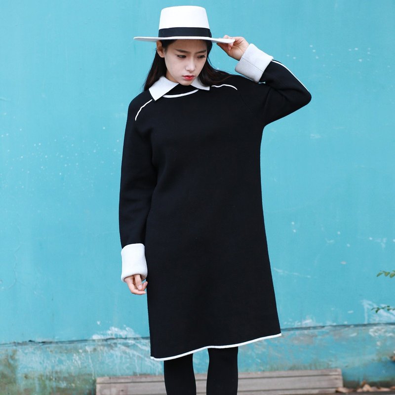 Annie Chen black knit dress long section of new winter retro women hedging long-sleeved sweater - สเวตเตอร์ผู้หญิง - วัสดุอื่นๆ สีดำ