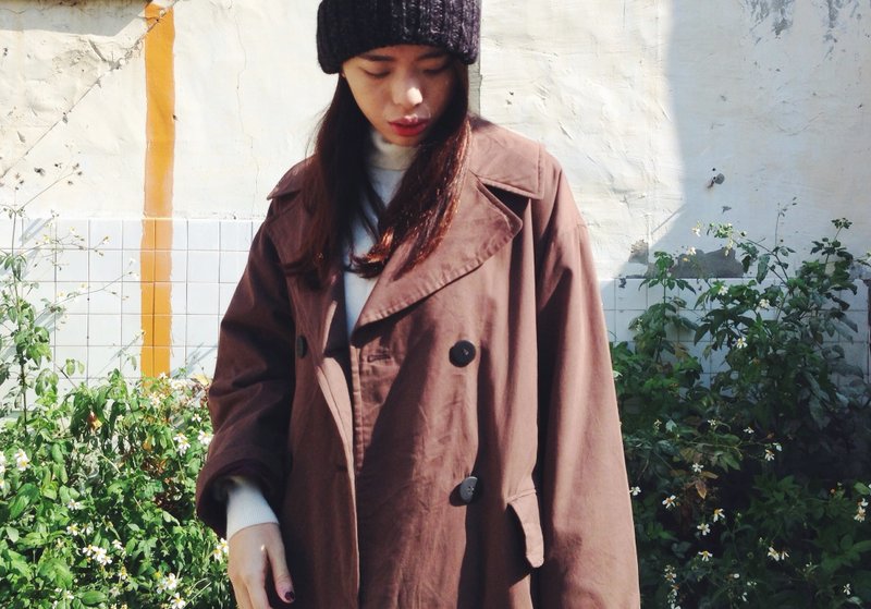 vintage coat 可可歐蕾雙扣風衣 - 女大衣/外套 - 其他材質 咖啡色