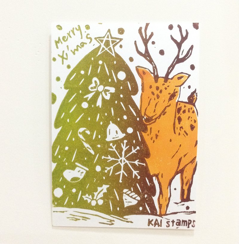 [Colorable] 🌲Fawn and Christmas Tree🌲-Hand-printed postcard - โปสเตอร์ - กระดาษ สีส้ม