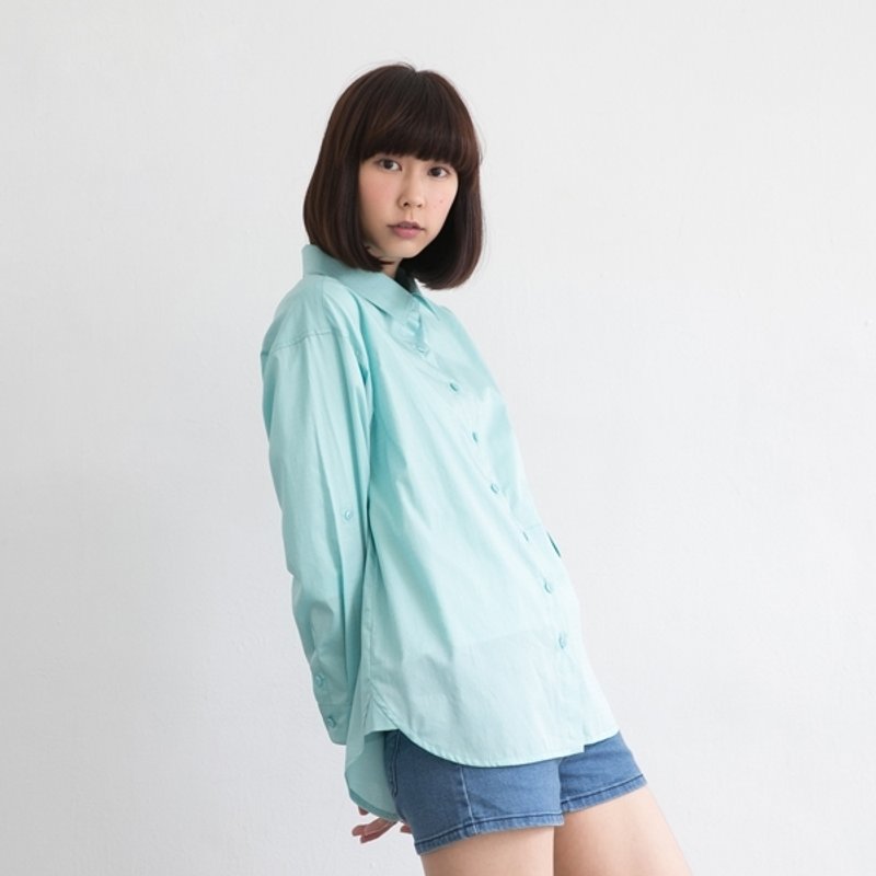 [Children] Xu Xu fresh mint before long and short shape shirt (with sleeves hope) - เสื้อเชิ้ตผู้หญิง - วัสดุอื่นๆ สีน้ำเงิน