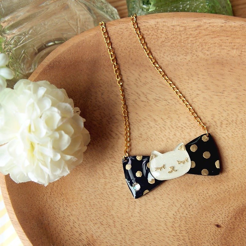Meow Handmade Black Gold Polka Dot big bow cat necklace - Necklaces - Plastic Black