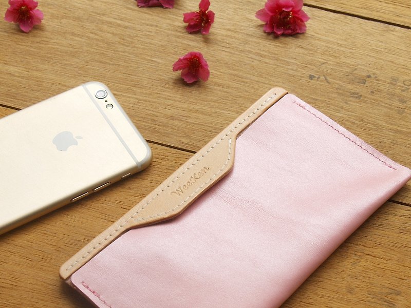 Leather Phone Case for iPhone 13mini / SE3 ( Custom Name ) - Pearl Pink - Clutch Bags - Genuine Leather Pink