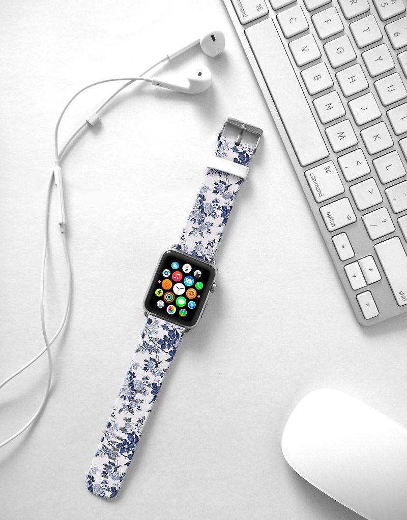 Apple Watch Series 1 , Series 2, Series 3 - Apple Watch 真皮手錶帶，適用於Apple Watch 及 Apple Watch Sport - Freshion 香港原創設計師品牌 - 藍色玫瑰花紋 cr5 - 錶帶 - 真皮 