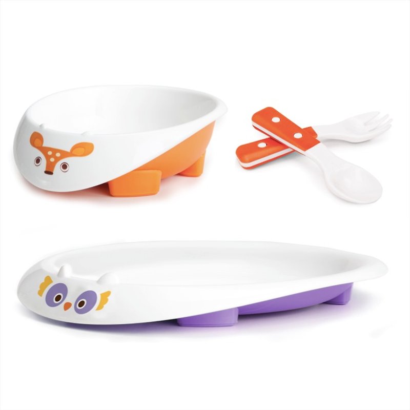 美國MyNatural Eco無毒兒童餐具-禮盒組鮮橙橘小鹿貓頭鷹餐碗盤匙叉 - 寶寶/兒童餐具/餐盤 - 塑膠 橘色