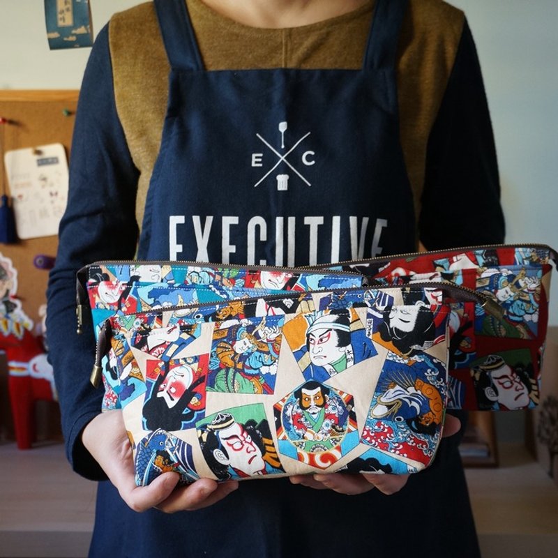 Wind hand-made Japanese ukiyo-e figure cosmetic Face Hand / Clutch / finishing bag / grocery bag - Toiletry Bags & Pouches - Cotton & Hemp Multicolor