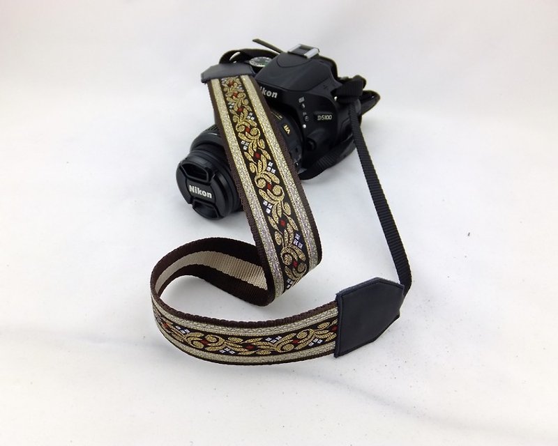 相機背帶 個性客製 可印字 真皮拼接 刺繡花紋  民族風031 - 相機背帶 - 真皮 金色