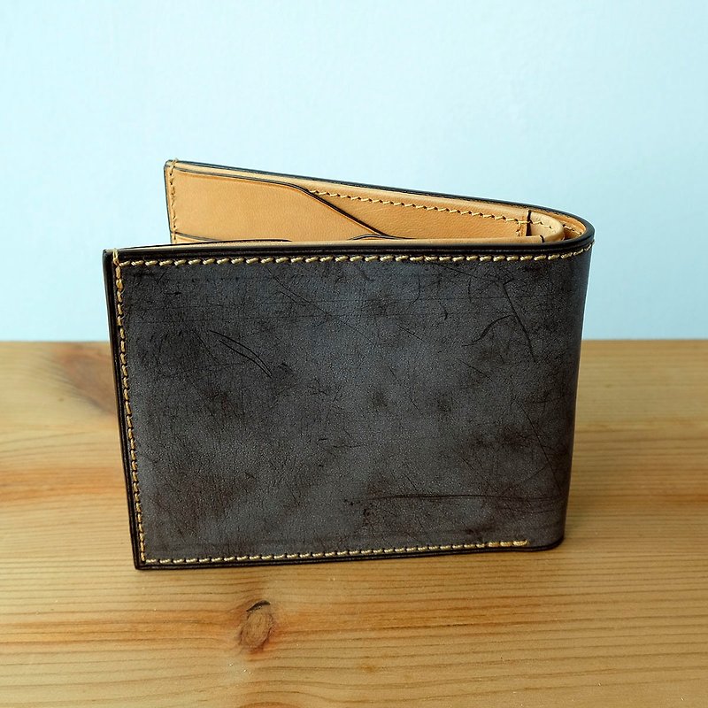 isni [Mocha brown short wallet]brown color handamde wax leahter design/free imprint - กระเป๋าสตางค์ - หนังแท้ สีนำ้ตาล
