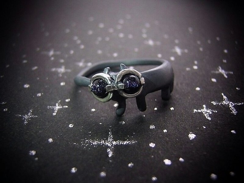 miaow with star spectacles on ( cat sterling silver ring 貓 猫 星 眼鏡 戒指 指环 指環 刻字 ) - แหวนทั่วไป - เงินแท้ สีดำ