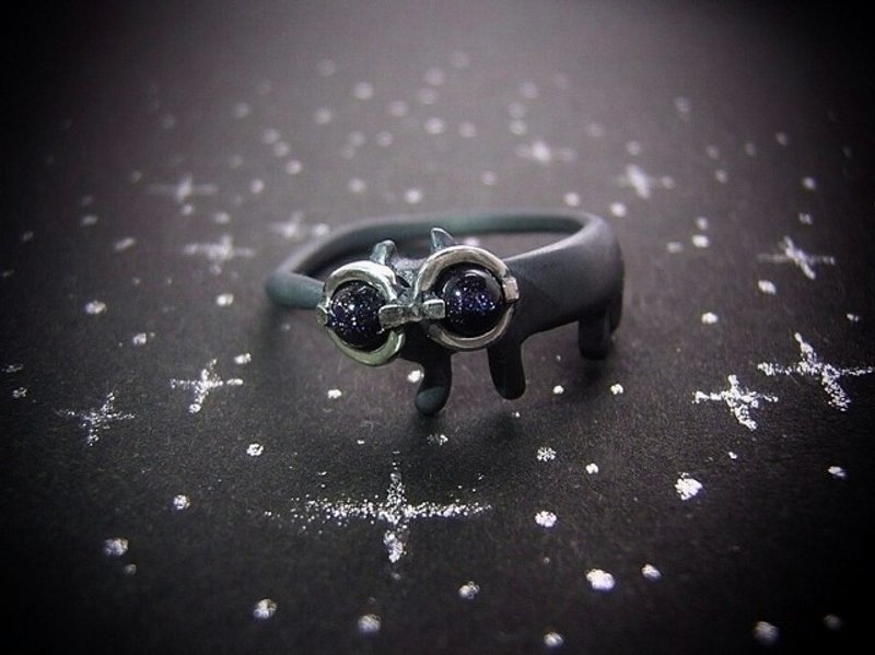 miaow with star spectacles on ( cat sterling silver ring 貓 猫 星 眼鏡 戒指 指环 指環 刻字 ) - 戒指 - 純銀 黑色