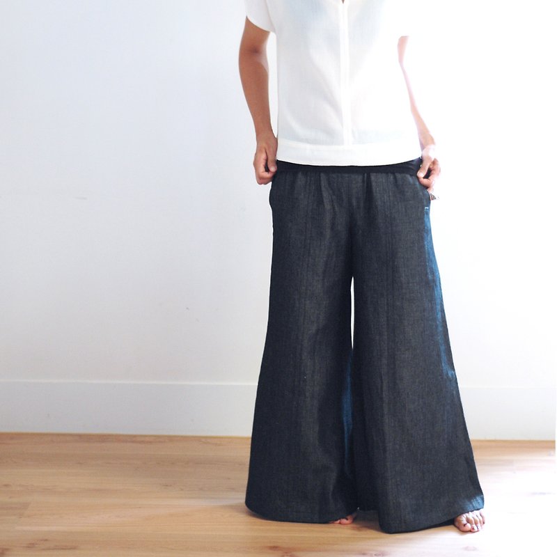 Handmade cotton linen wide pants - tannins - Women's Pants - Cotton & Hemp Blue