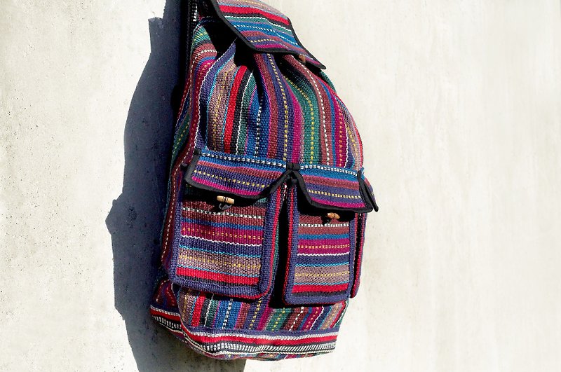 Mexican style shoulder bag boho canvas bag hand-woven feel back backpack-blue red Morocco - กระเป๋าเป้สะพายหลัง - ผ้าฝ้าย/ผ้าลินิน หลากหลายสี