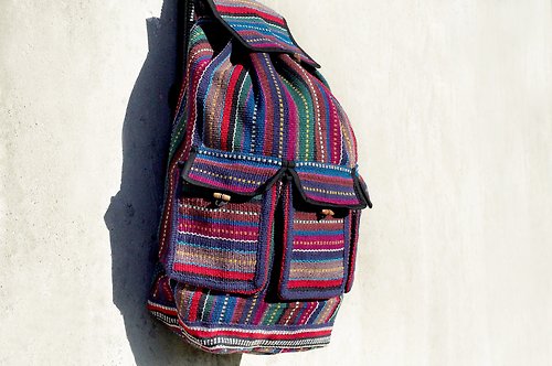 omhandmade 墨西哥風肩背包 boho帆布包 手工編織手感後背包-藍色紅色摩洛哥