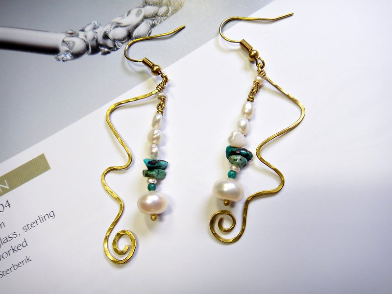 ◎ pearl earrings*turquoise*brass wire design earrings - ต่างหู - โลหะ 