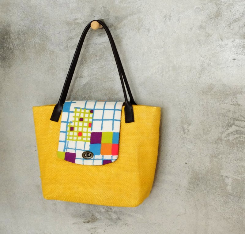 Kyoto impression bright yellow linen former fashion shoulder bag Sew the true bark - กระเป๋าแมสเซนเจอร์ - พืช/ดอกไม้ สีเหลือง