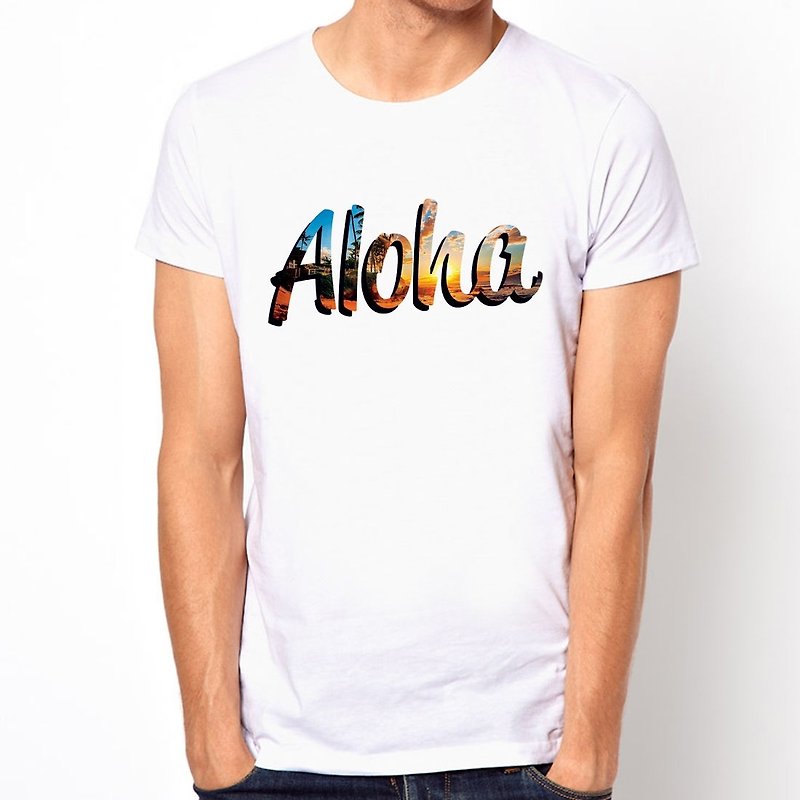 ALOHA-HAWAIIAN Short Sleeve T-Shirt-White Hawaii Summer Design Photo Text Photography - เสื้อยืดผู้ชาย - วัสดุอื่นๆ ขาว