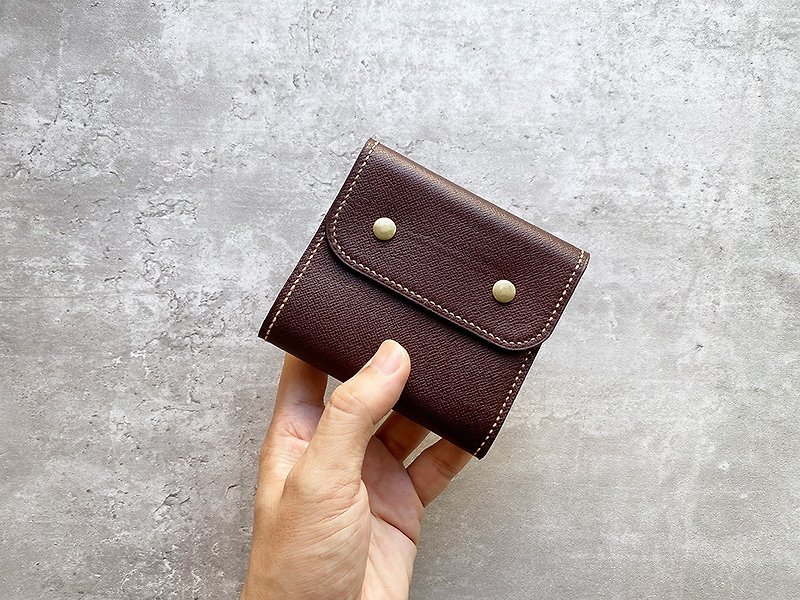 Hand-stitched burgundy brown leather tri-fold short wallet - Wallets - Genuine Leather Brown
