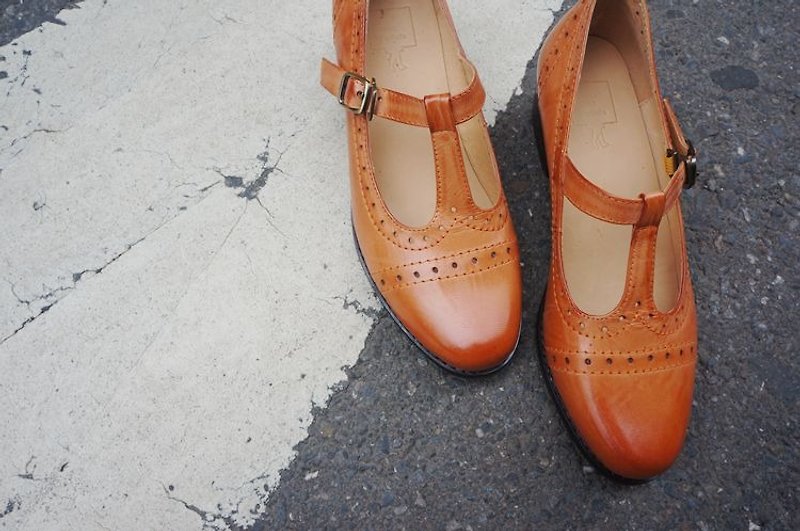 #878# 飛機在草地上飛 瑪麗珍低跟皮鞋 橙 - 女款牛津鞋 - 真皮 橘色