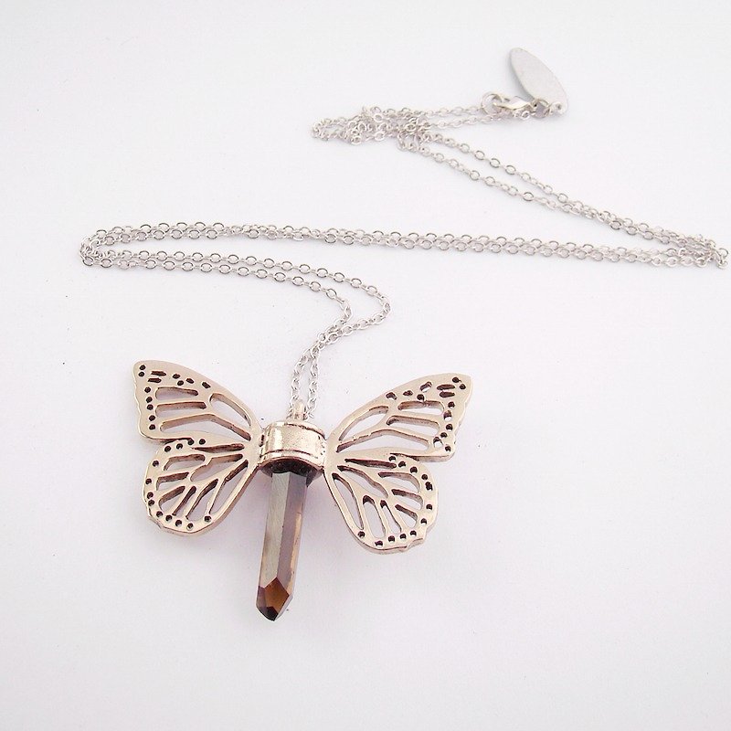 White bronze Butterfly wing pendant with smoky raw quartz stone - Necklaces - Other Metals 