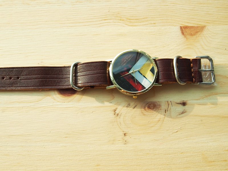 手作りの植物タンニンなめし革ストラップ、模造木目調時計の芯付き - 腕時計 - 革 