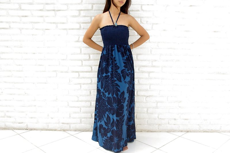Hibiscus print long dress <Deep Blue> - Evening Dresses & Gowns - Other Materials Blue