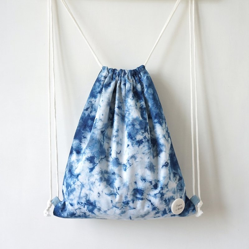 S.A x Sky/ Ink Painting, Indigo dyed Handmade Natural/ Abstract Pattern Backpack - Drawstring Bags - Cotton & Hemp Blue