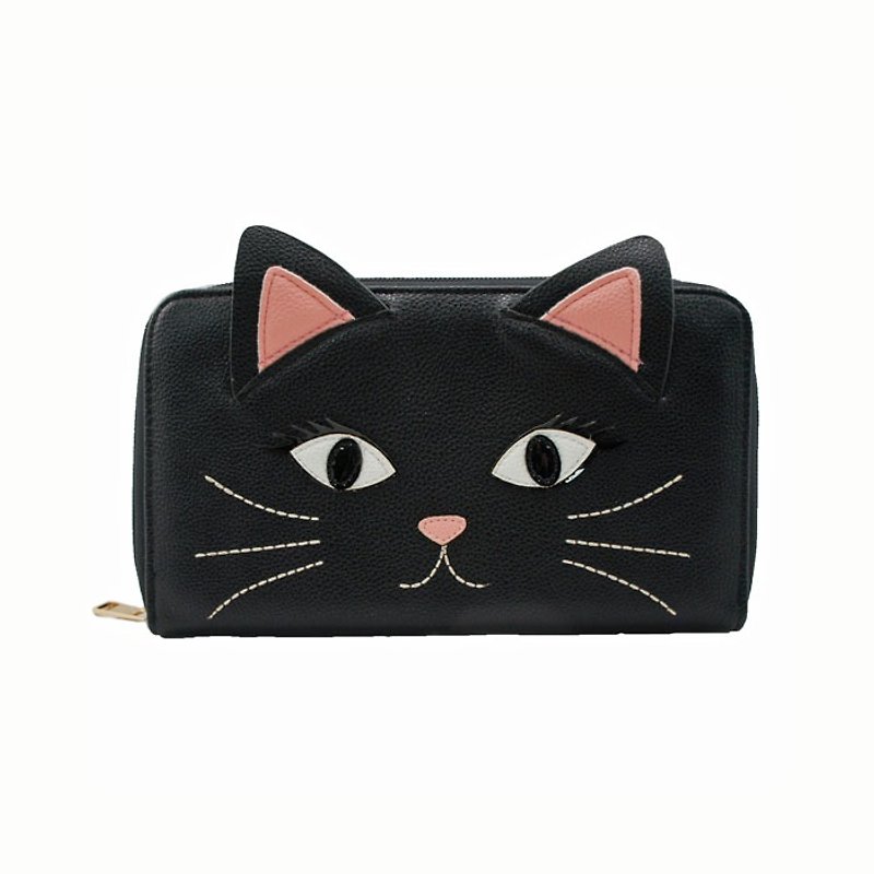 Sleepyville Critters - Black Cat Face Zip Around Wallet - Clutch Bags - Faux Leather Black