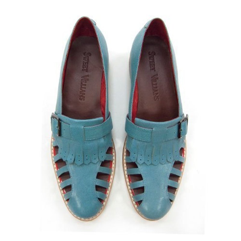 Sweet Villians 英倫簡約絆帶扣縷空流蘇羊皮休閒鞋W1012，湖水藍 - Women's Casual Shoes - Genuine Leather Blue