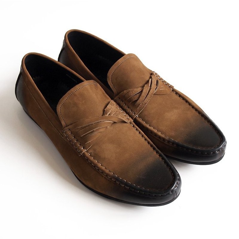 [LMdH] C2B09-49 calf nubuck leather hand-painted kink flat loafers ‧ ‧ olive green free shipping - รองเท้าอ็อกฟอร์ดผู้ชาย - หนังแท้ สีกากี