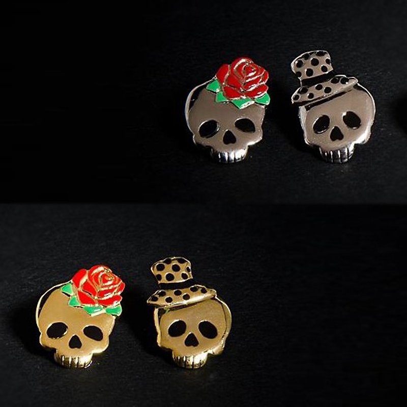 骷髏情侶戴著帽子和玫瑰酷型耳環 - 耳環/耳夾 - 其他金屬 紅色
