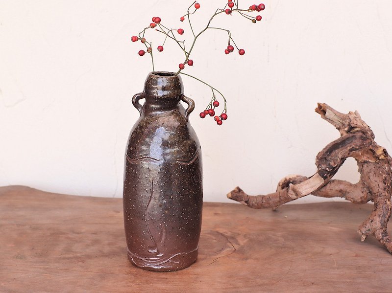 日本岡山備前 陶器 花瓶 花插 花器 h1-002 - 植栽/盆栽 - 其他材質 咖啡色