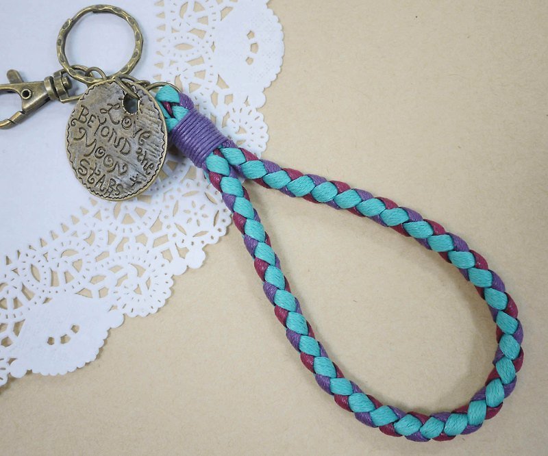 ~M+Bear~ Vintage woven key ring, Wax thread woven key ring (four strands: blue and purple) - Other - Cotton & Hemp Multicolor