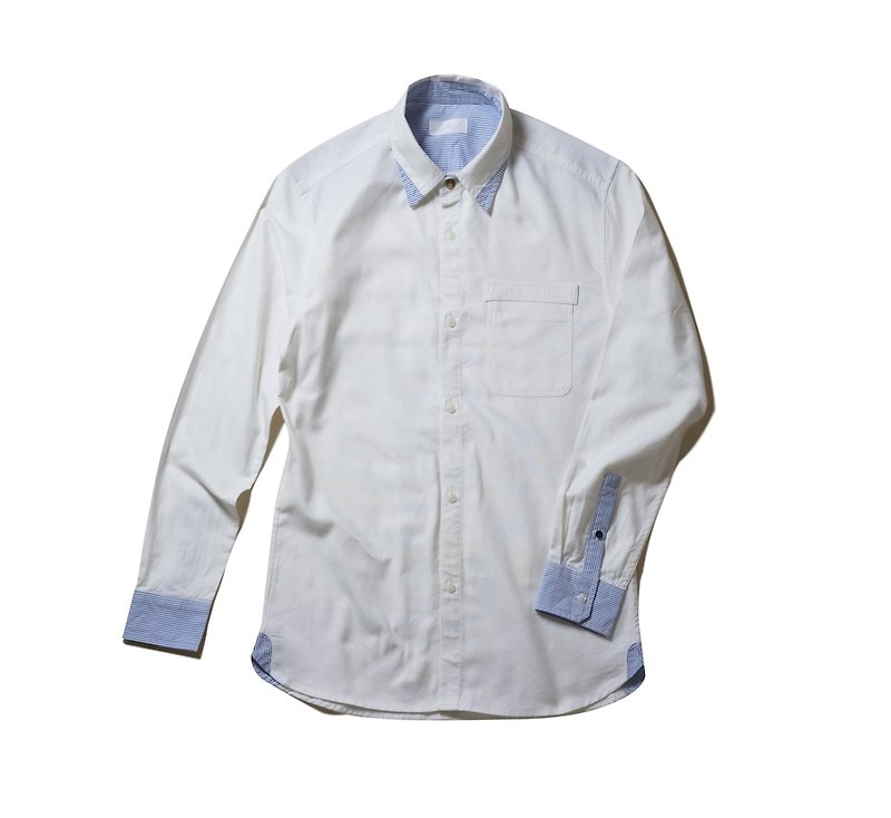 貮們 『條紋剪接牛津長袖襯衫』 - 男襯衫/休閒襯衫 - 其他材質 白色
