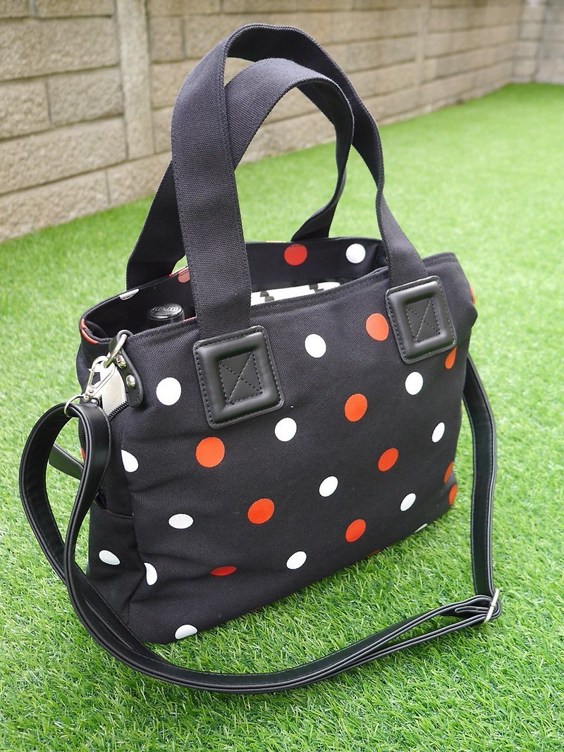 TiDi black bottom two-color dotted three-layer side backpack/mother bag - กระเป๋าแมสเซนเจอร์ - วัสดุอื่นๆ สีดำ