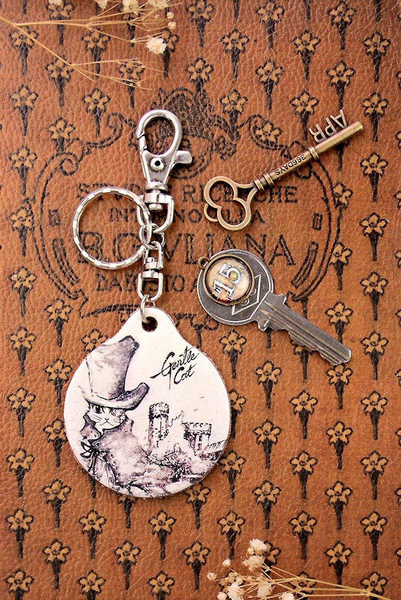 Good Meow vegetable-tanned leather key ring - Holmes cat - Keychains - Genuine Leather 