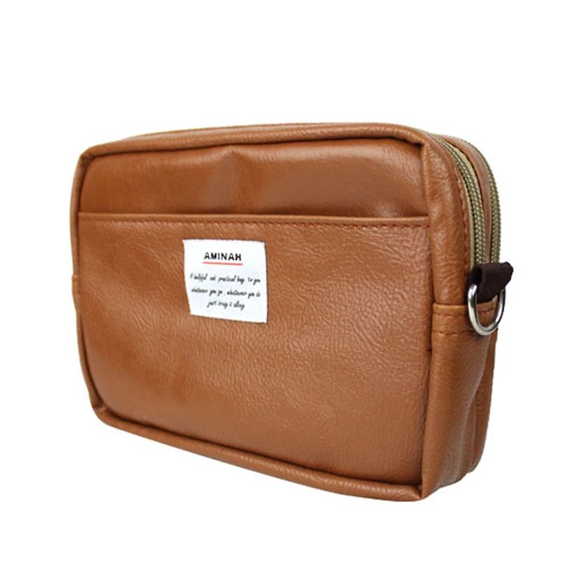 AMINAH-棕色皮革兩用隨身小包 腰包/肩背包() - 側背包/斜背包 - 人造皮革 咖啡色