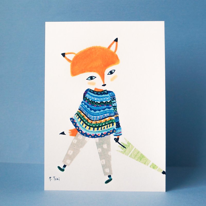 Postcard Christmas paper tape hand painted little fox is wearing a sweater - Cards & Postcards - Paper Multicolor
