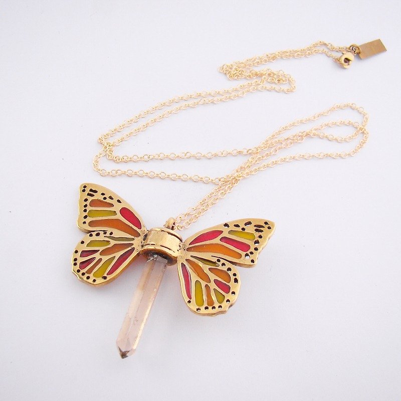 Brass Butterfly wing pendant with smoky raw quartz stone and enamel color - สร้อยคอ - โลหะ 