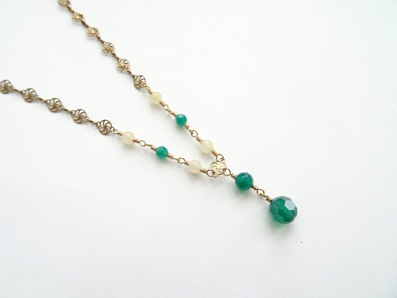 Green Agate, Yellow Jade Filigree Antique Bronze Necklace - Necklaces - Semi-Precious Stones Green