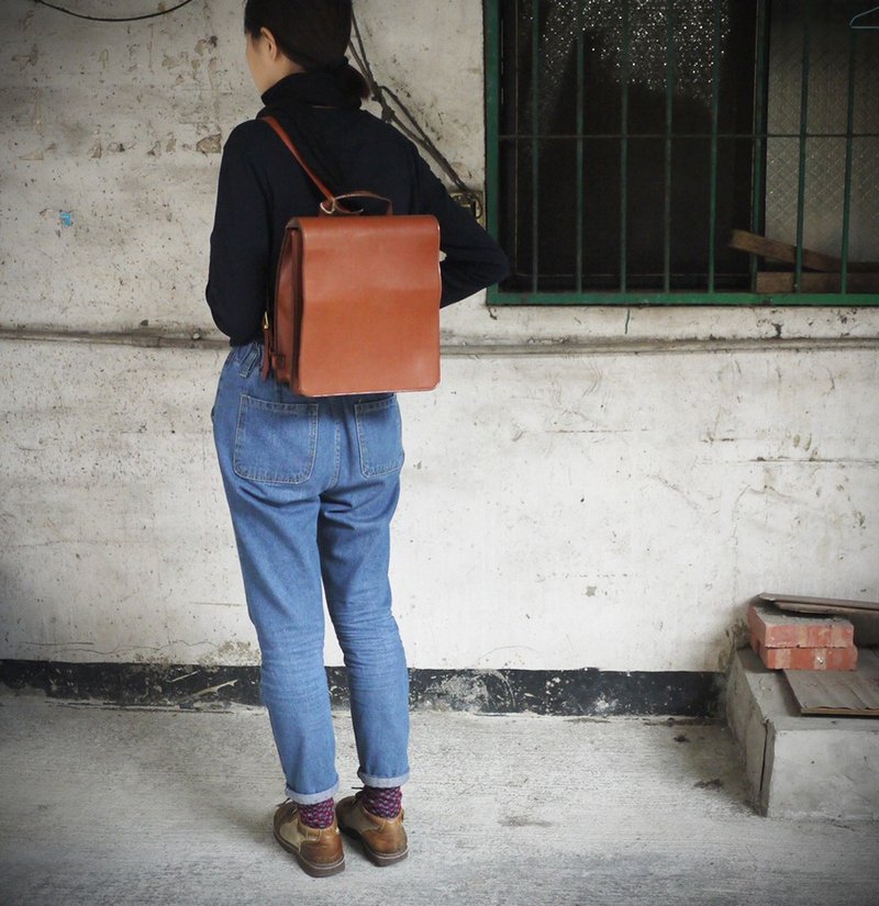 ShiKa夕卡//Vintage Bag //橘色方型厚背包 - 後背包/背包/書包 - 其他材質 