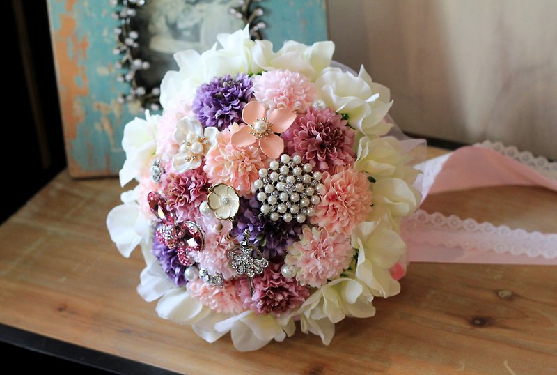 Ariel's jewelry bouquet and teddy bear [classic lace ball chrysanthemum] pink purple - Plants - Other Materials Purple