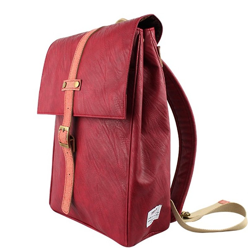 AMINAH-burgundy neutral leather back【am-0234-III】 - กระเป๋าเป้สะพายหลัง - หนังเทียม สีแดง