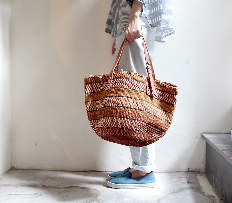 OMAKE肯亞西沙爾麻編織真皮提把籃（條紋） - 手袋/手提袋 - 其他材質 