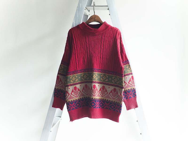 川ヒル - 赤い炎がメロディー半の季節はオーバーサイズのヴィンテージ三次元ビンテージアンティークウーリーコートのセーターの質感の愛 - ニット・セーター - ウール レッド